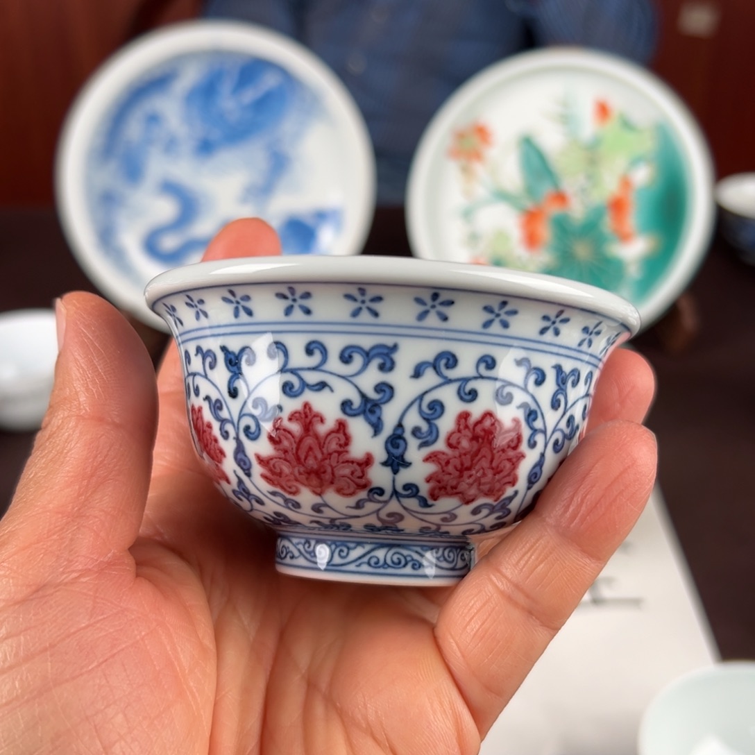 三***幸景德镇青花釉里红压手杯