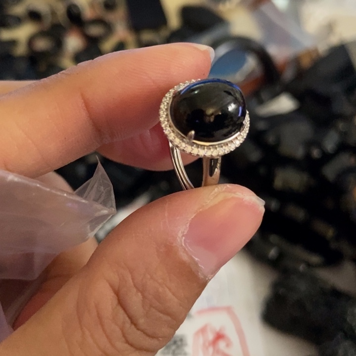 翡翠银S925镶嵌戒指墨翠