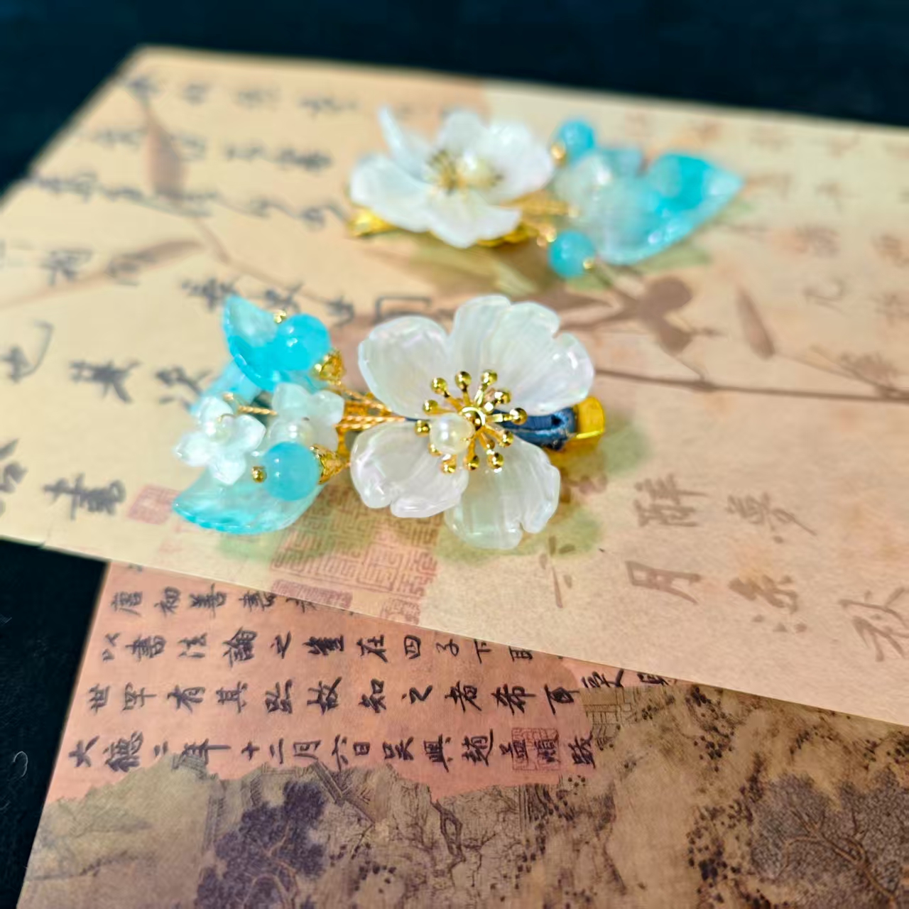 云鬓花古风饰品古装发饰仙气飘飘对夹 清蓝白棠（孤品汉服发冠B310