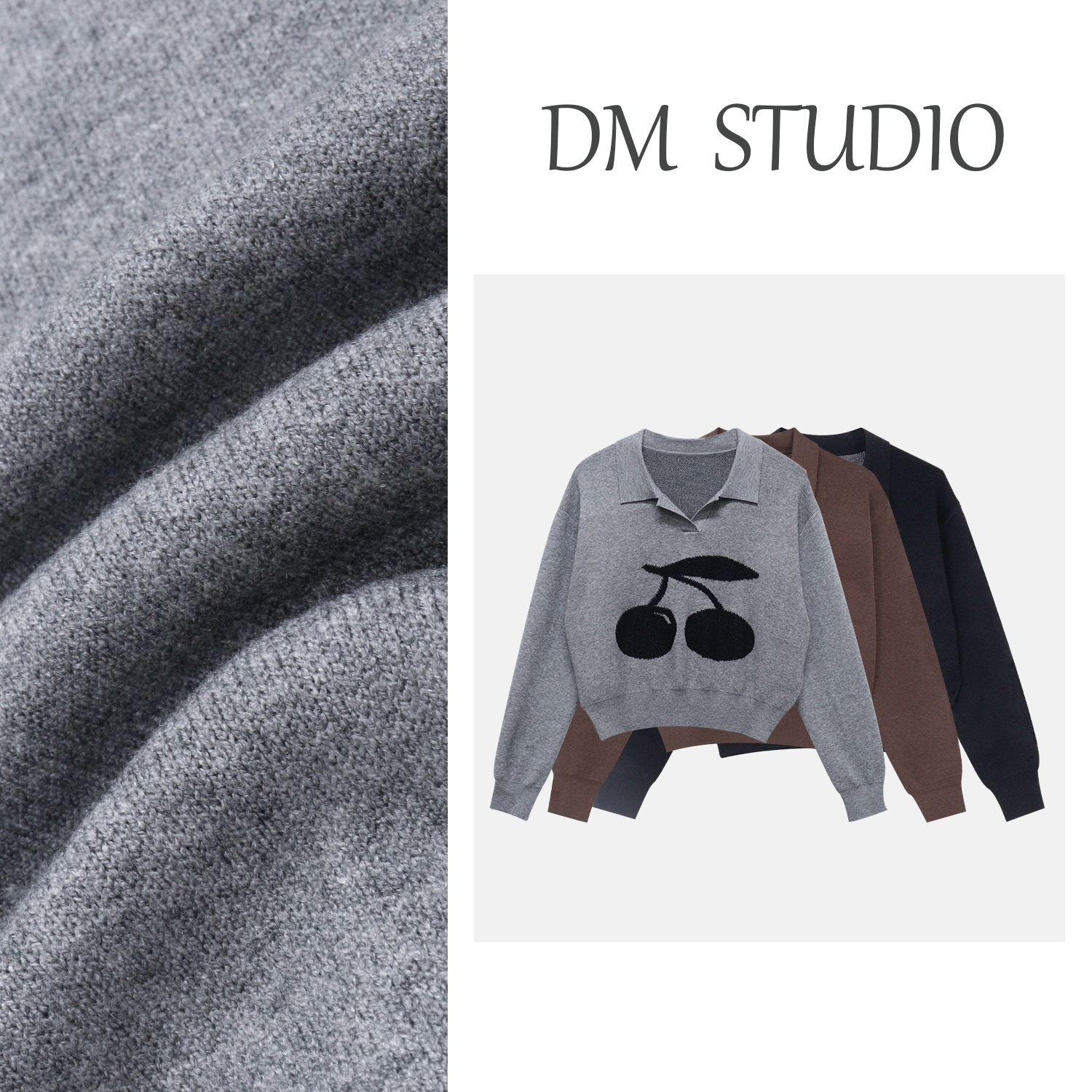 【樱桃派对】大码女装秋季胖mmPolo领领慵懒显瘦毛衫上衣DM32821