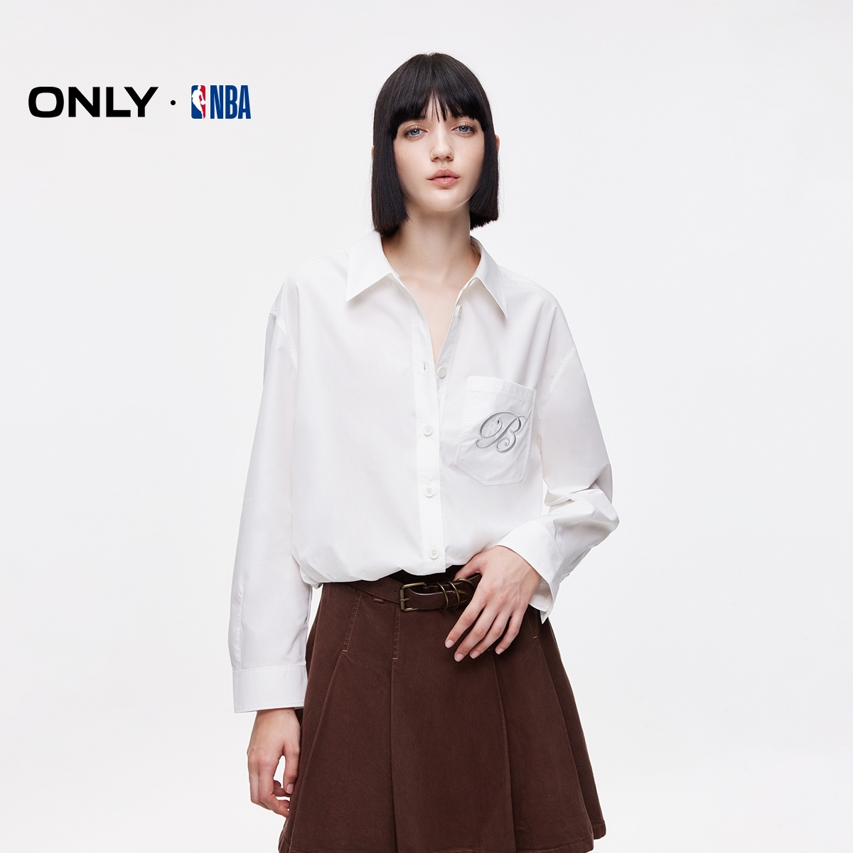 ONLY2026夏季新款NBA联名款花苞下摆宽松长袖衬衫女|125405001