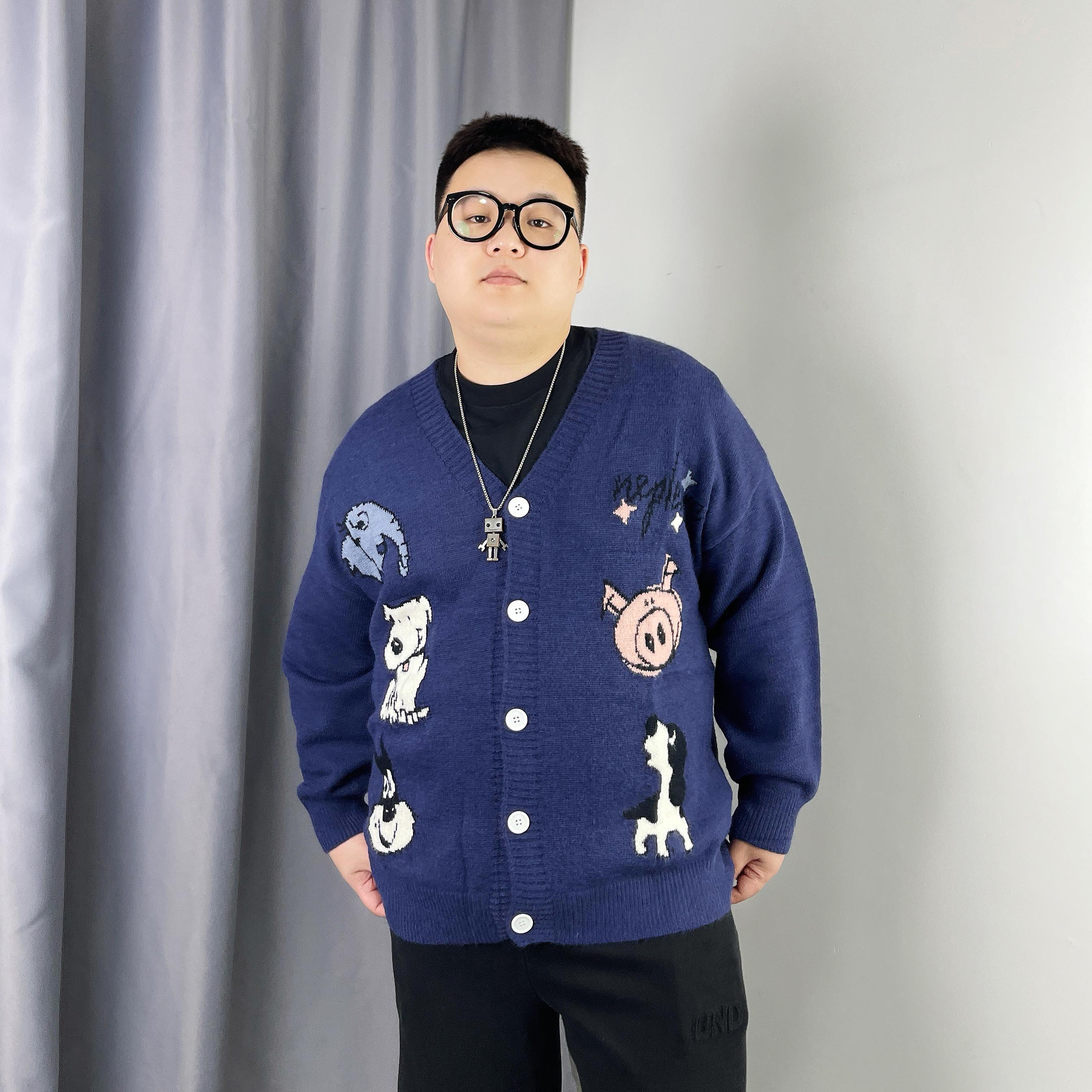 大仙仙儿2025秋冬新款男士休闲宽松大码开衫小外套印花针织衫毛衣