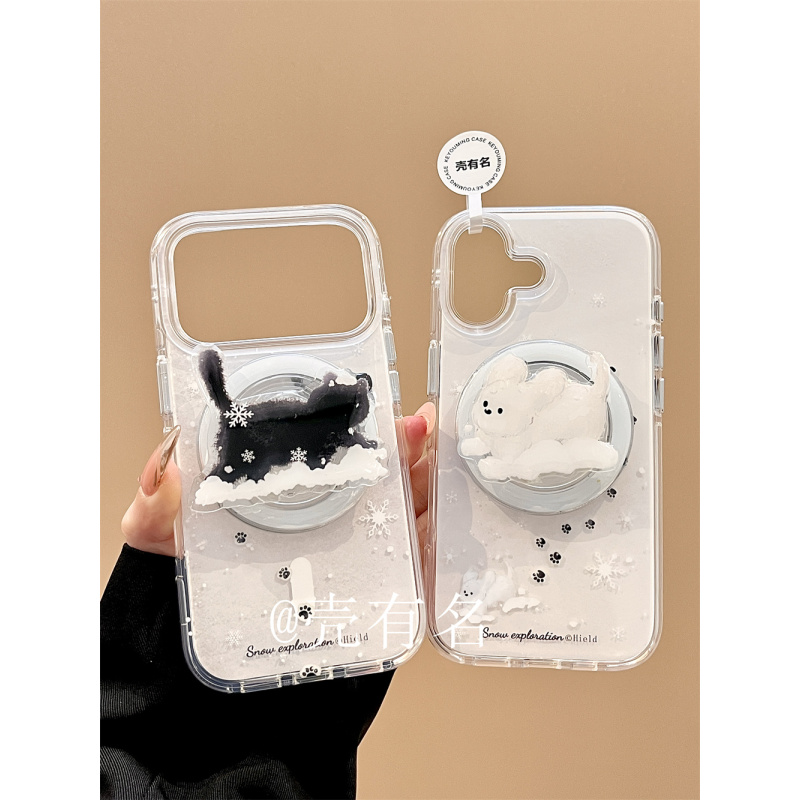 冬日白底雪地小黑猫白狗磁吸支架适用苹果17手机壳iPhone16/15/14