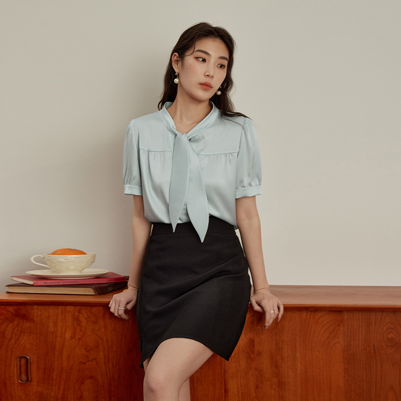 【粉丝】独束微胖MM大码女装法式立领系带短袖衬衫百搭显瘦小衫23DS