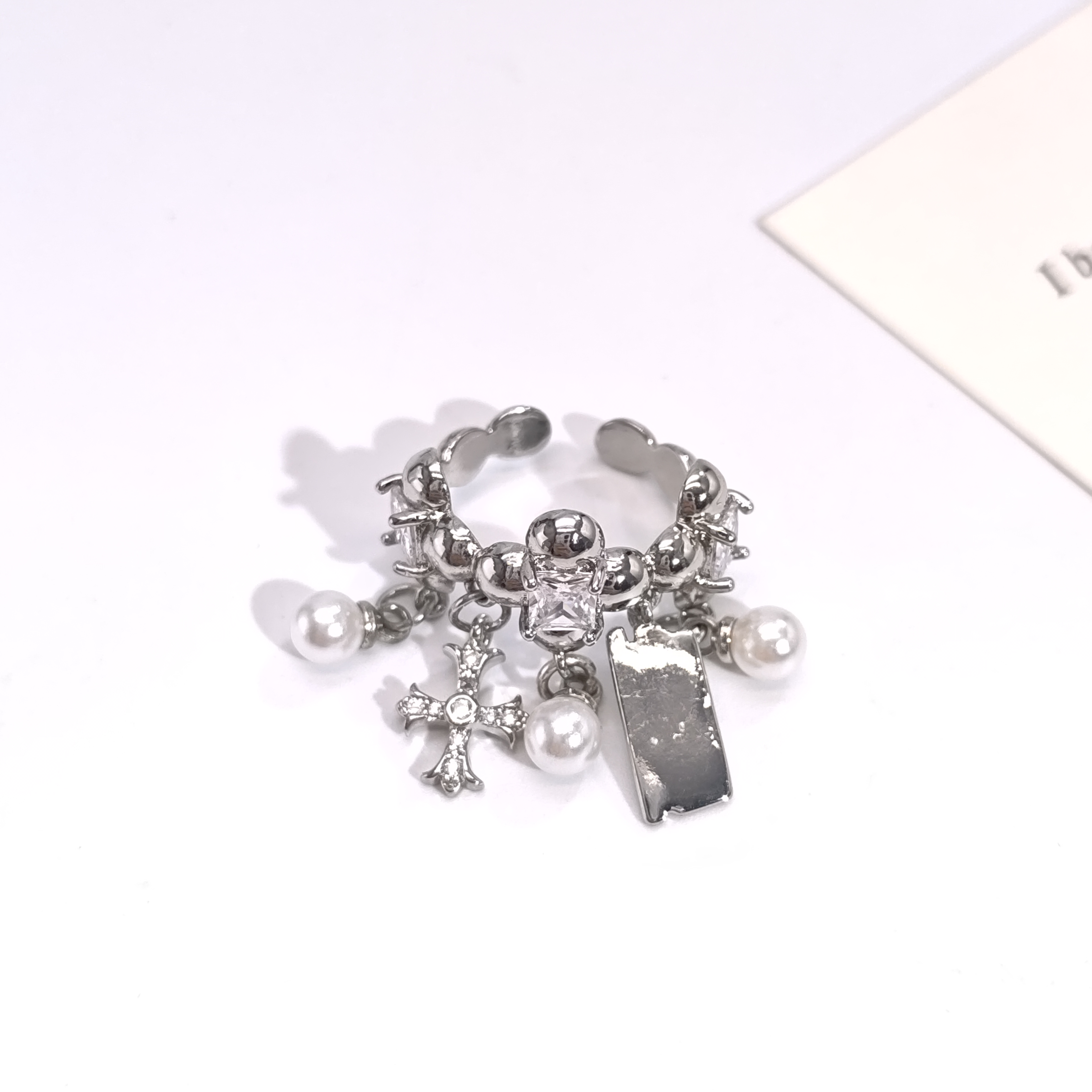 铜合金锆石戒指 06677小众高级感半圆闪闪方锆十字花个性开口戒指