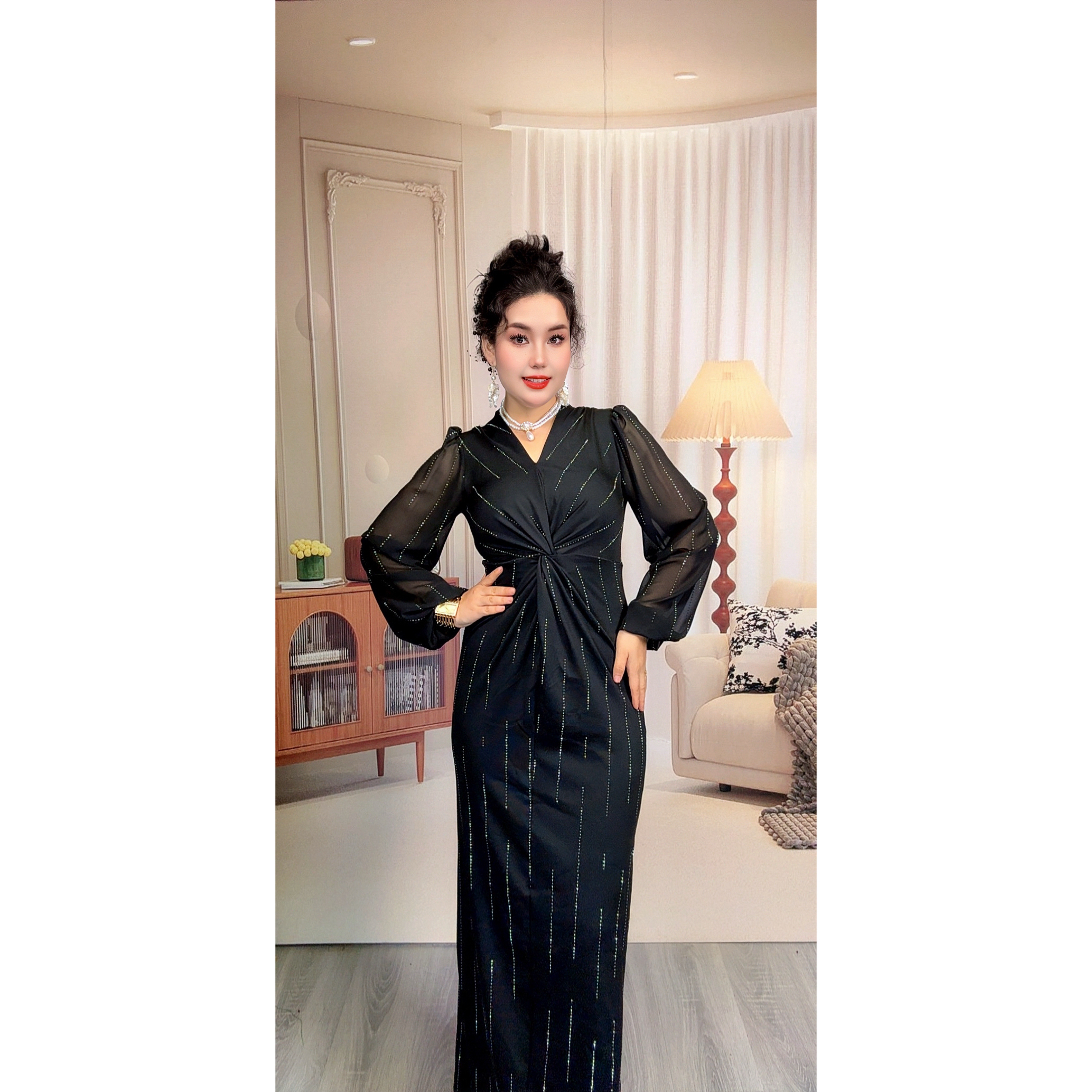 9869【娜子包邮】新款烫钻时尚气质V领女装连衣裙