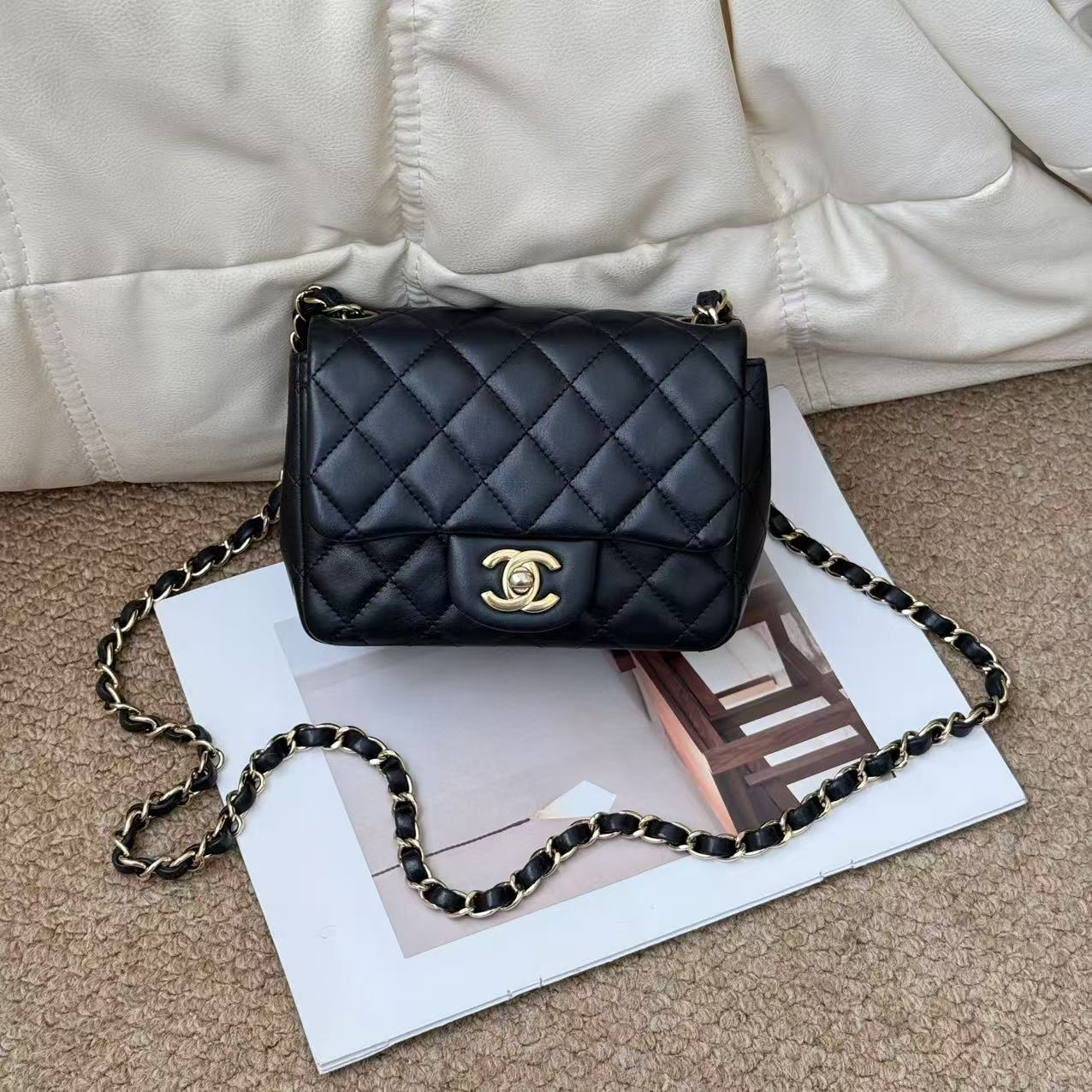 95新 Chanel/香奈儿 黑金 羊皮 经典方胖单肩包/616762586