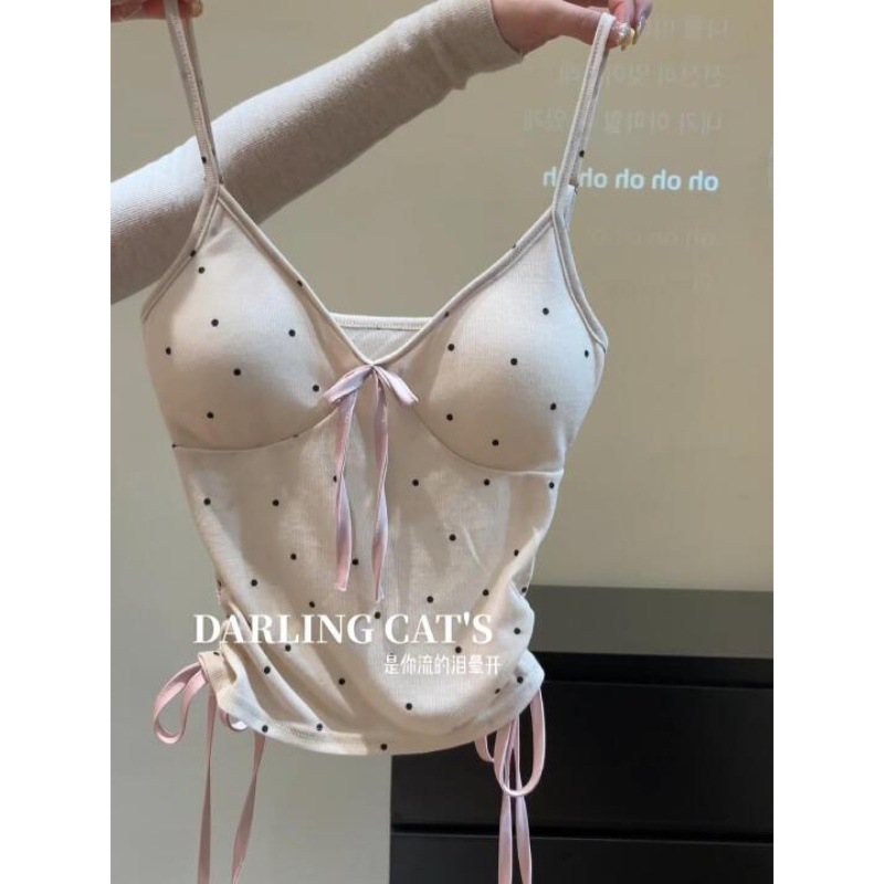 【爆款热销】纯欲风波点蝴蝶结吊带背心女夏季新款辣妹抽褶绑带显瘦