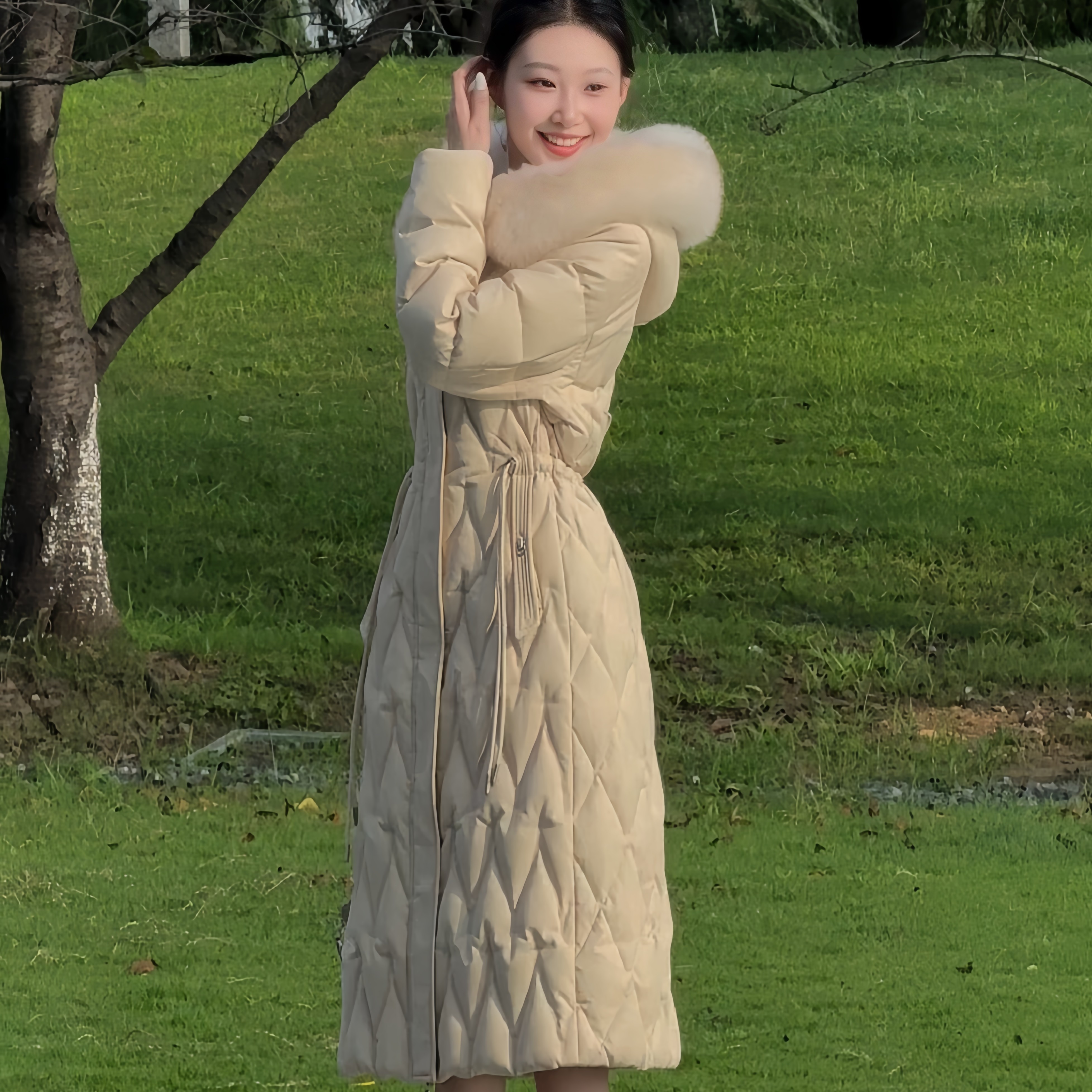 1LB新款时尚百搭潮流女款冬季大毛领收腰连帽女士保暖外套