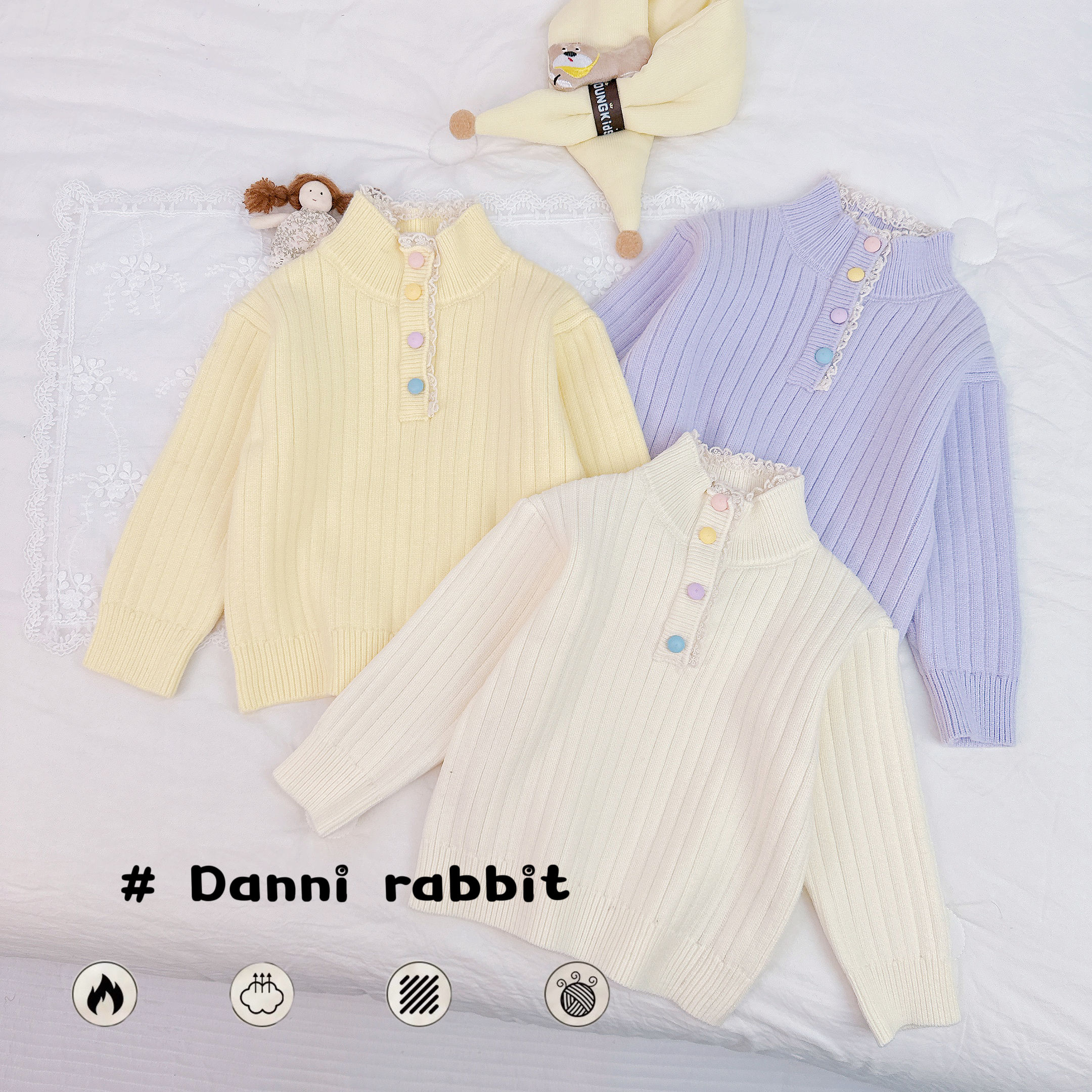 「Danni rabbit」【彩色扣子】冬款&女童蕾丝花边纽扣毛衣【X-8870】