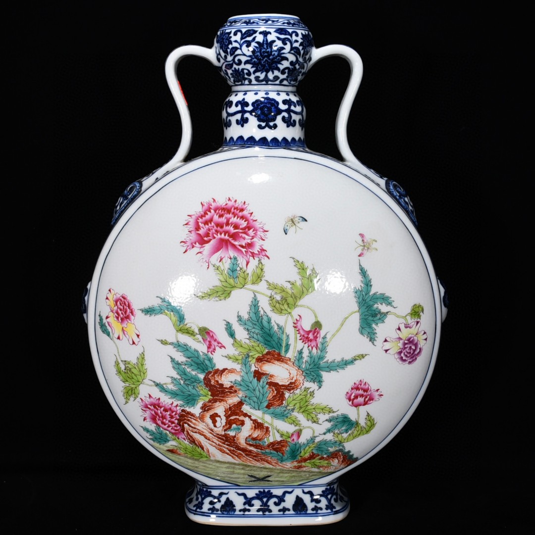 仿古瓷 仿清乾隆青花粉彩花卉纹扁瓶尺寸41.5*32厘米