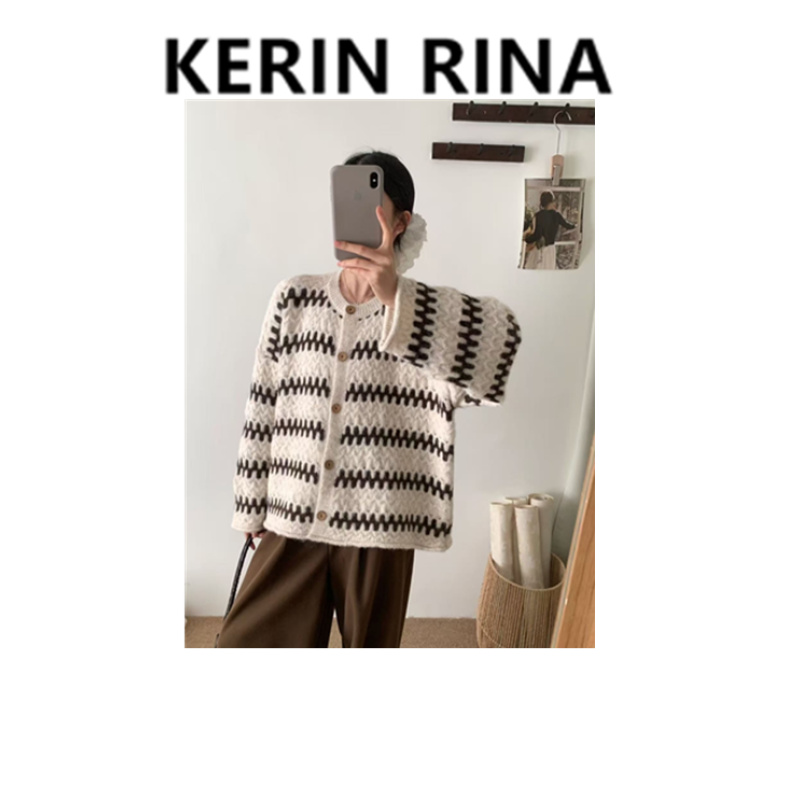 Kerin {丝稠}--卷边条纹毛衣外套大方