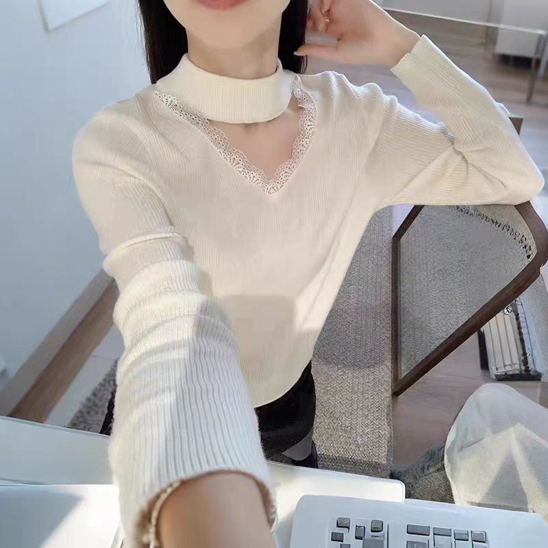 （柚子臻选）BDL冬季套脖V领蕾丝针织长袖加厚内搭8711