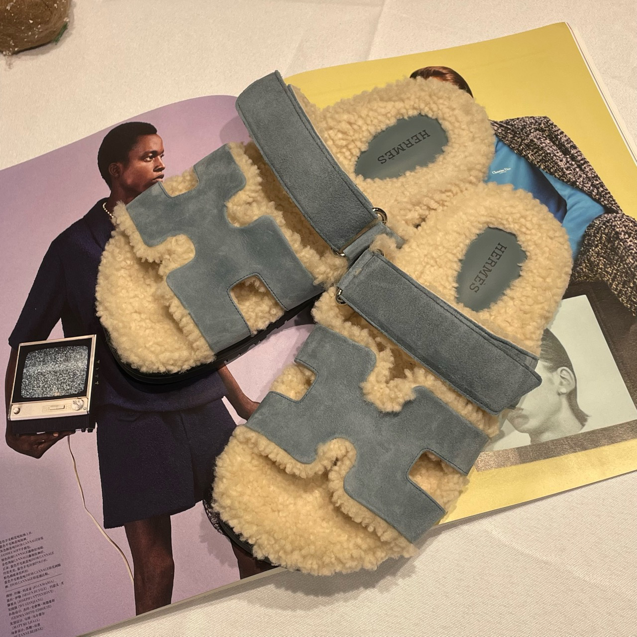 全新未使用 Hermes/爱马仕 Chypre 二舅泰迪 毛拖鞋 雾霾蓝 37码