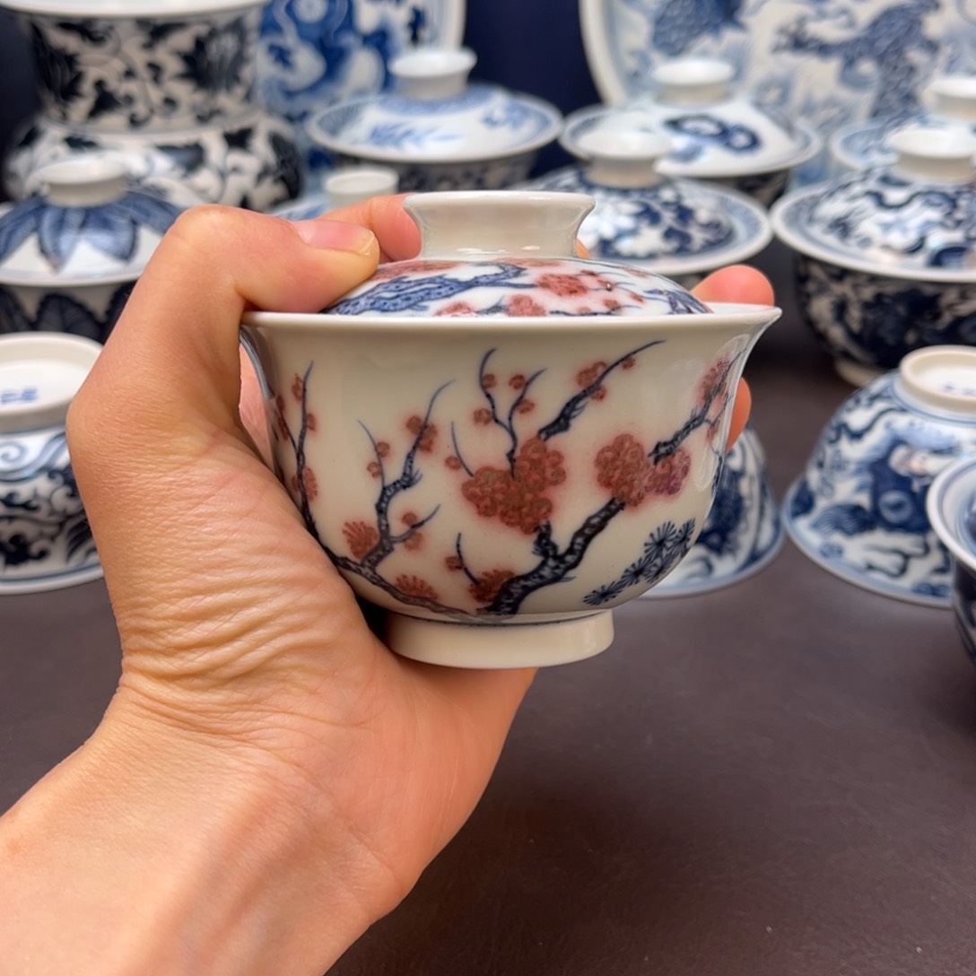 景德镇青花釉里红松竹梅盖碗