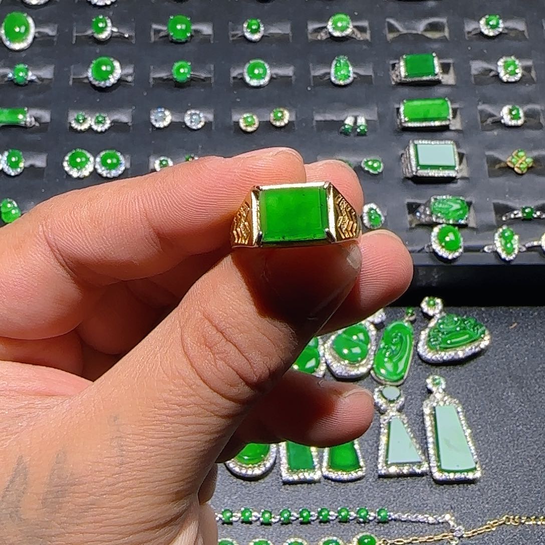 翡翠银S925镀金镶嵌戒指