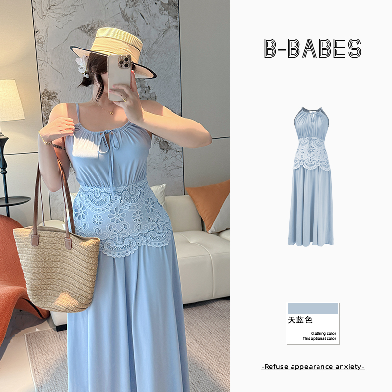 B-babes【季夏之声】性感高腰拼接设计长裙系带法式微胖显瘦连衣裙