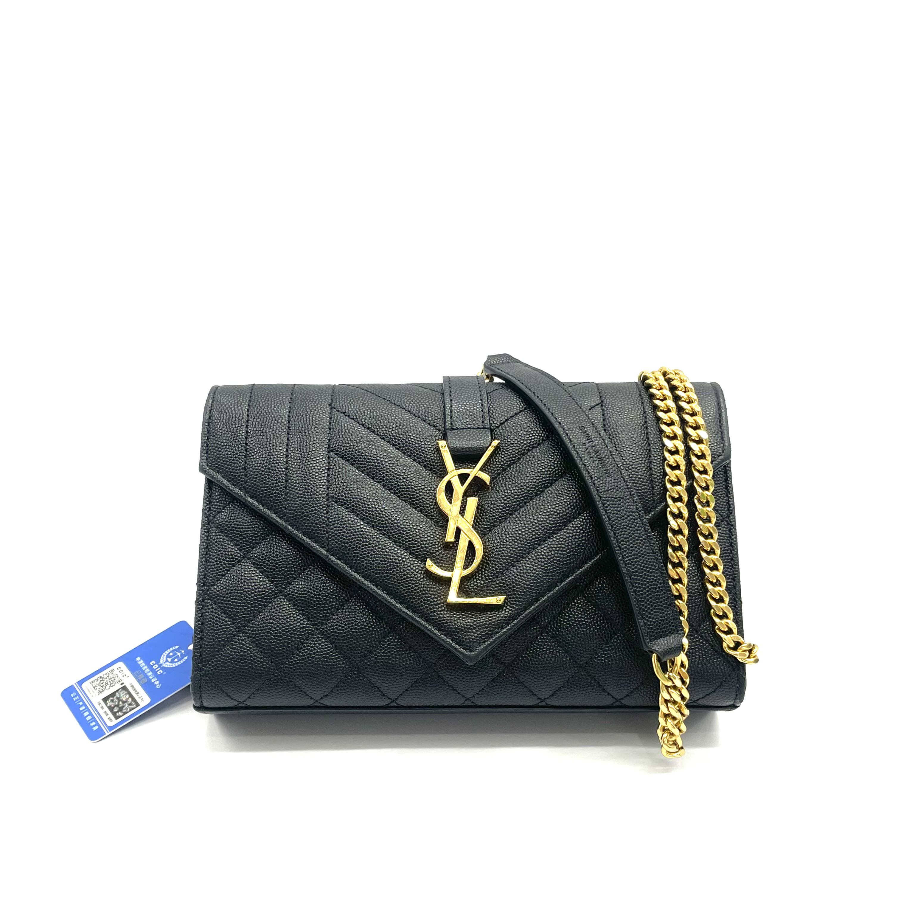 95新 YSL/圣罗兰 98新黑色荔枝纹牛皮信封链条包 小号