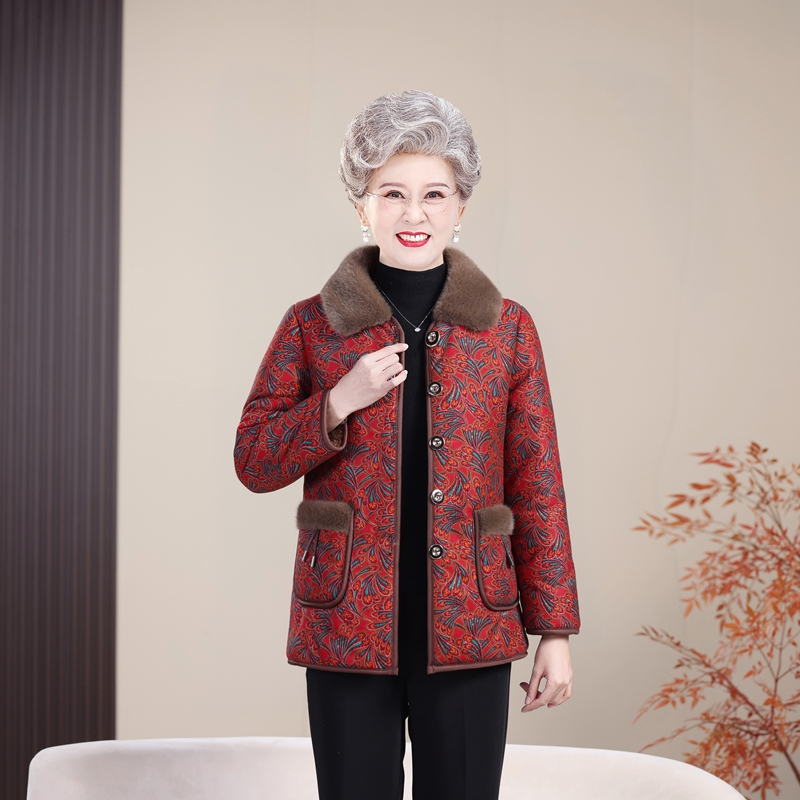2025新款棉服翻领妈妈装加绒加厚提花中老年女碎花洋气棉衣外套