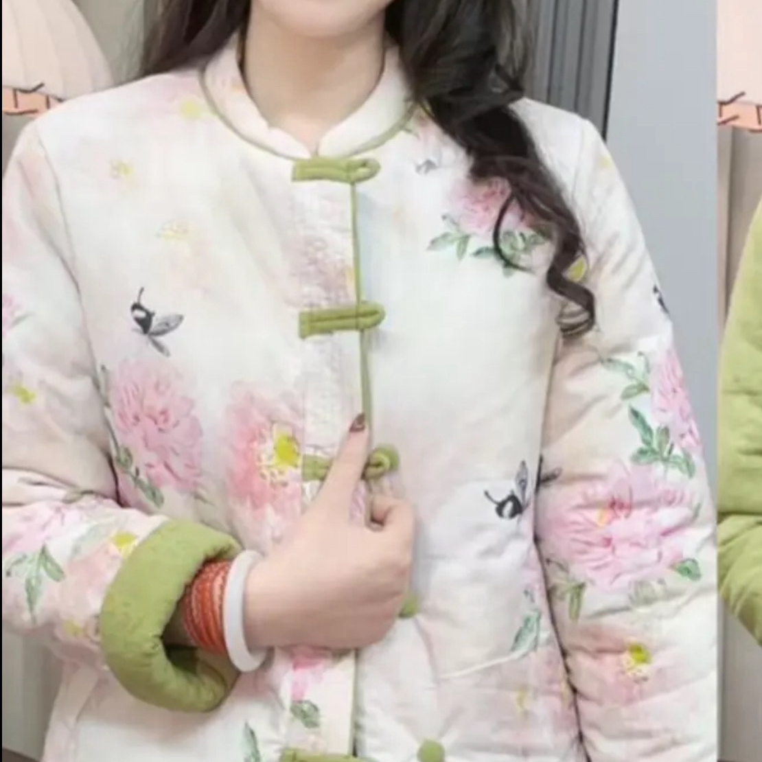 双面穿富贵牡丹加厚盘扣棉服