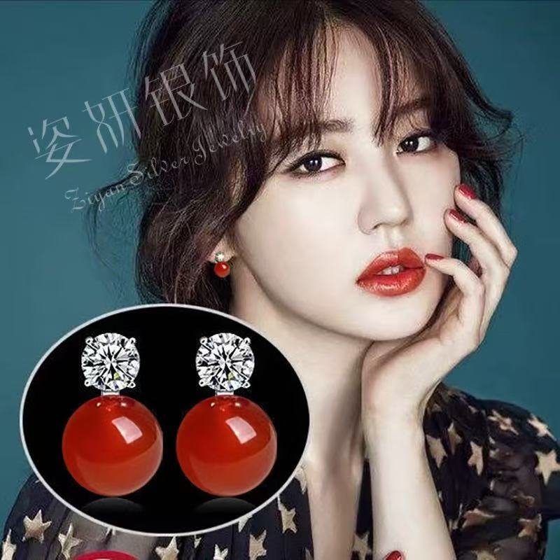 足银耳饰 气质百搭珠珠耳钉纯银防过敏简约个性耳环红色百搭耳坠