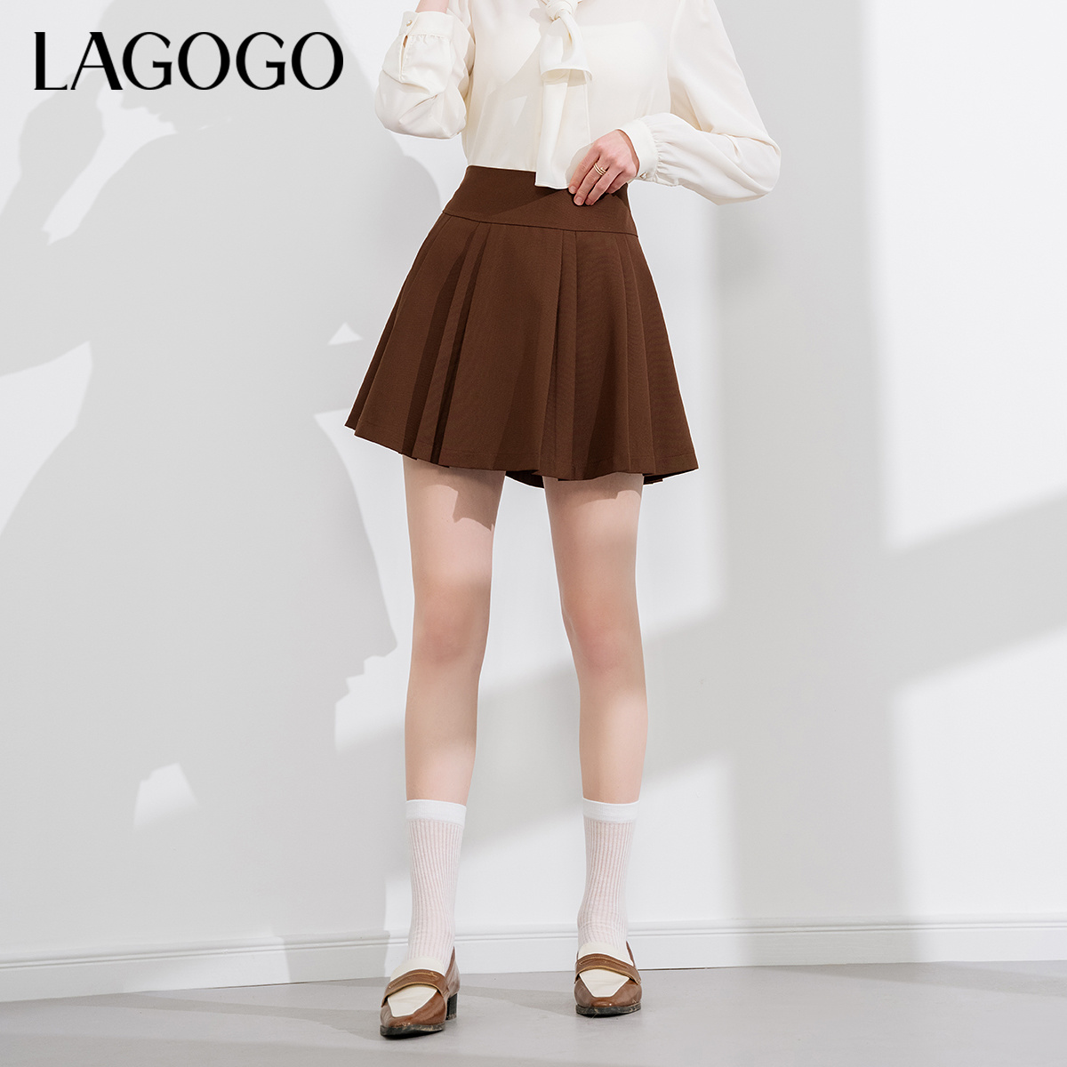 lagogo拉谷谷年新款高腰显瘦百搭美拉德百褶裙女NABB132Q81