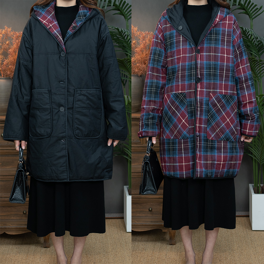 2025冬连帽宽松型厚款两面穿棉衣格子棉服女宽松外套百搭2510-140