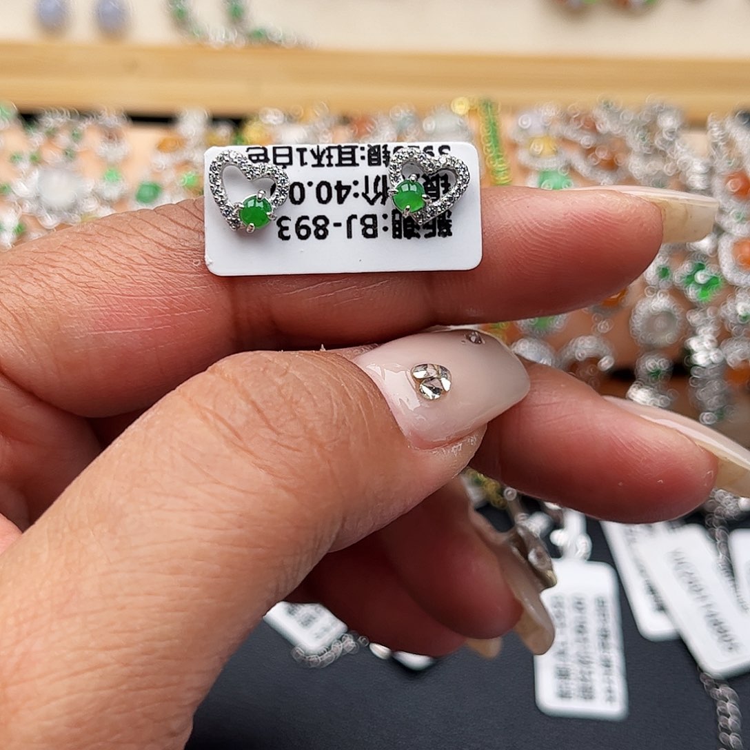 翡翠戒指银S925镶嵌缅甸天然A货翡翠耳钉