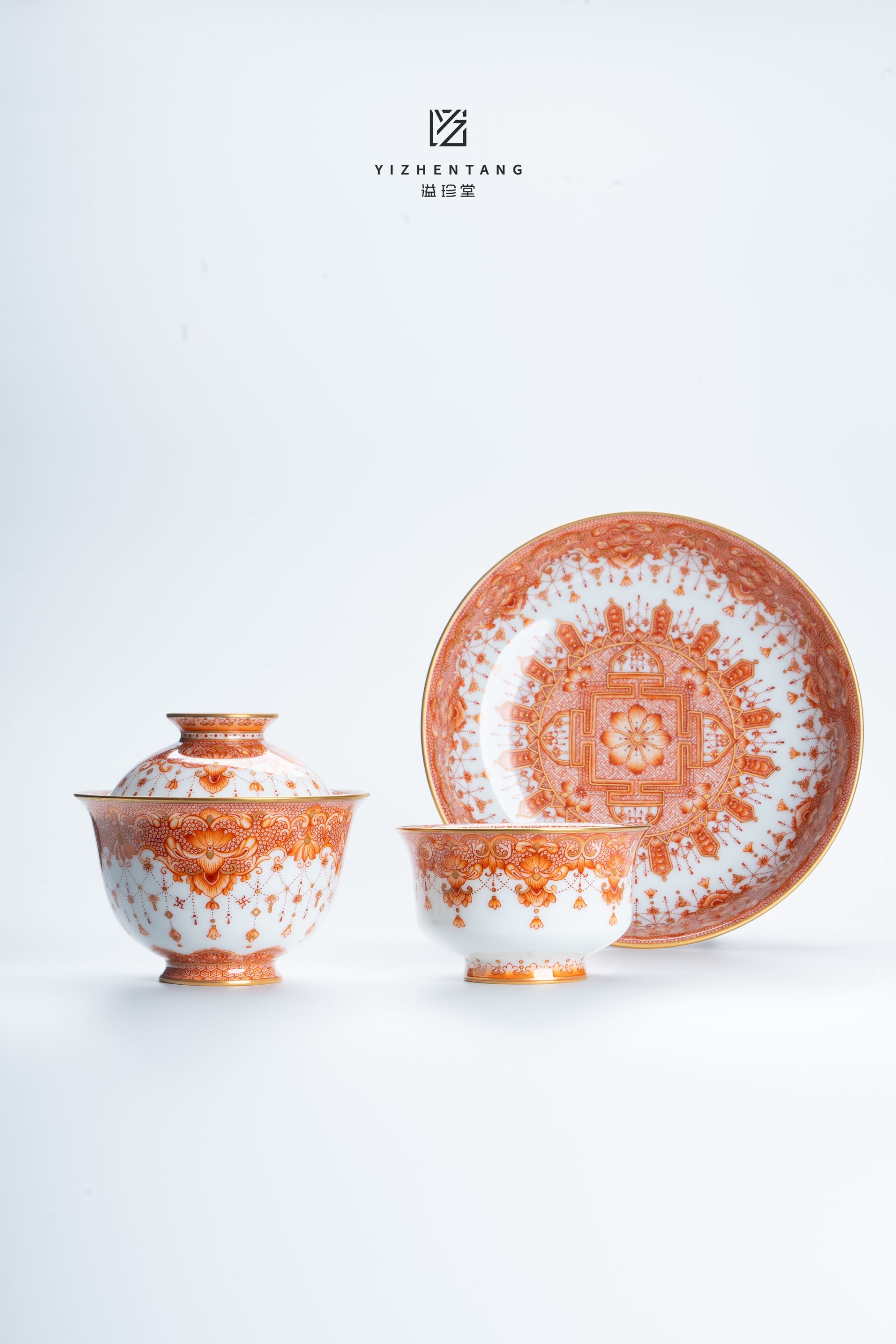 溢珍堂矾红璎珞敦煌宝珠套组盖碗炉式杯壶承主人杯釉上彩高端茶具