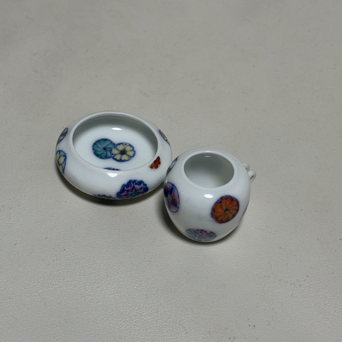 九正堂出品斗彩手绘皮球花两件套鸟食罐 丝距1.0-1.2 鸟笼配件