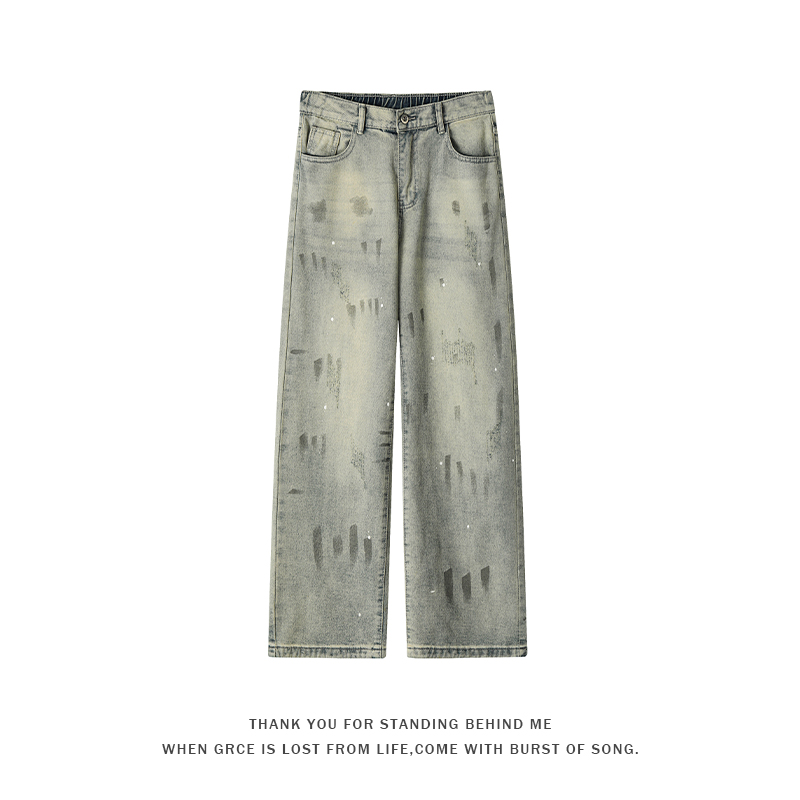 【U.UNIQUE】涂鸦设计感泼墨扎染猫爪痕牛仔裤宽松裤子男水洗直筒长