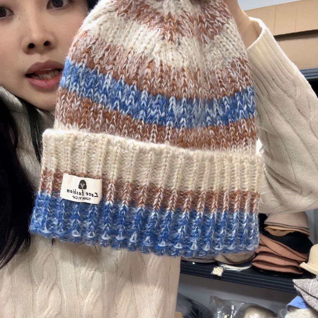 纯棉条纹呢毛线帽呢