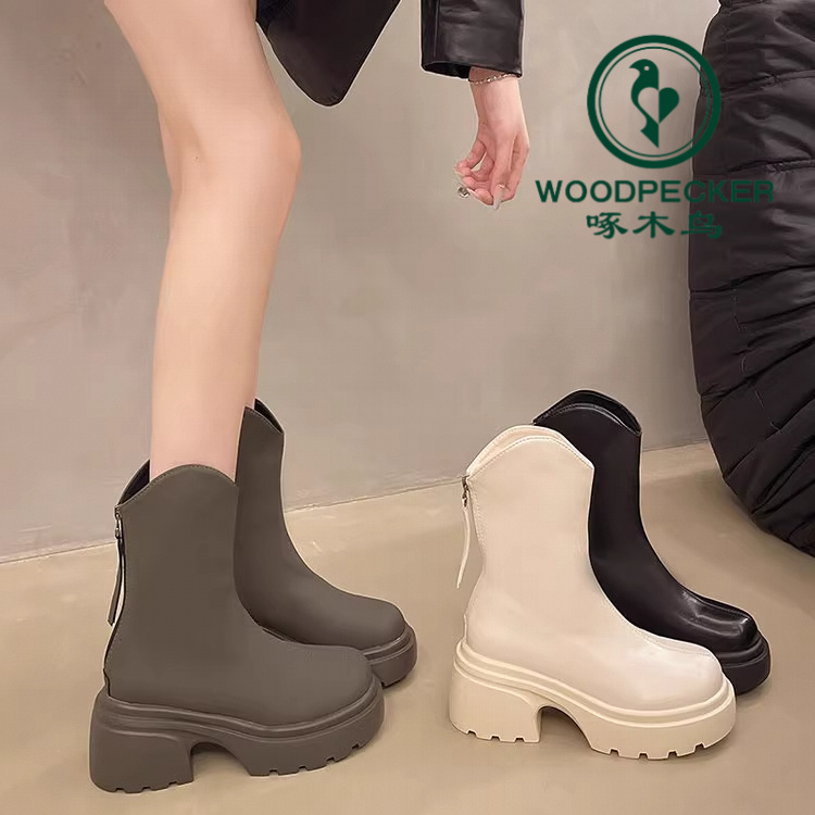 啄木鸟马丁靴女2025年秋冬新款网红超火时尚百搭显瘦粗跟骑士短靴