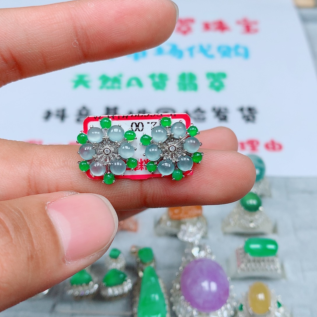 翡翠银S925镶嵌耳钉103号