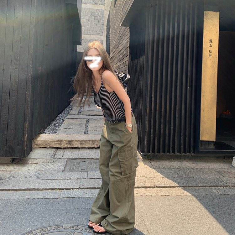 复古水洗阔腿工装裤拖地长裤子女秋季休闲百搭宽松做旧阔腿裤