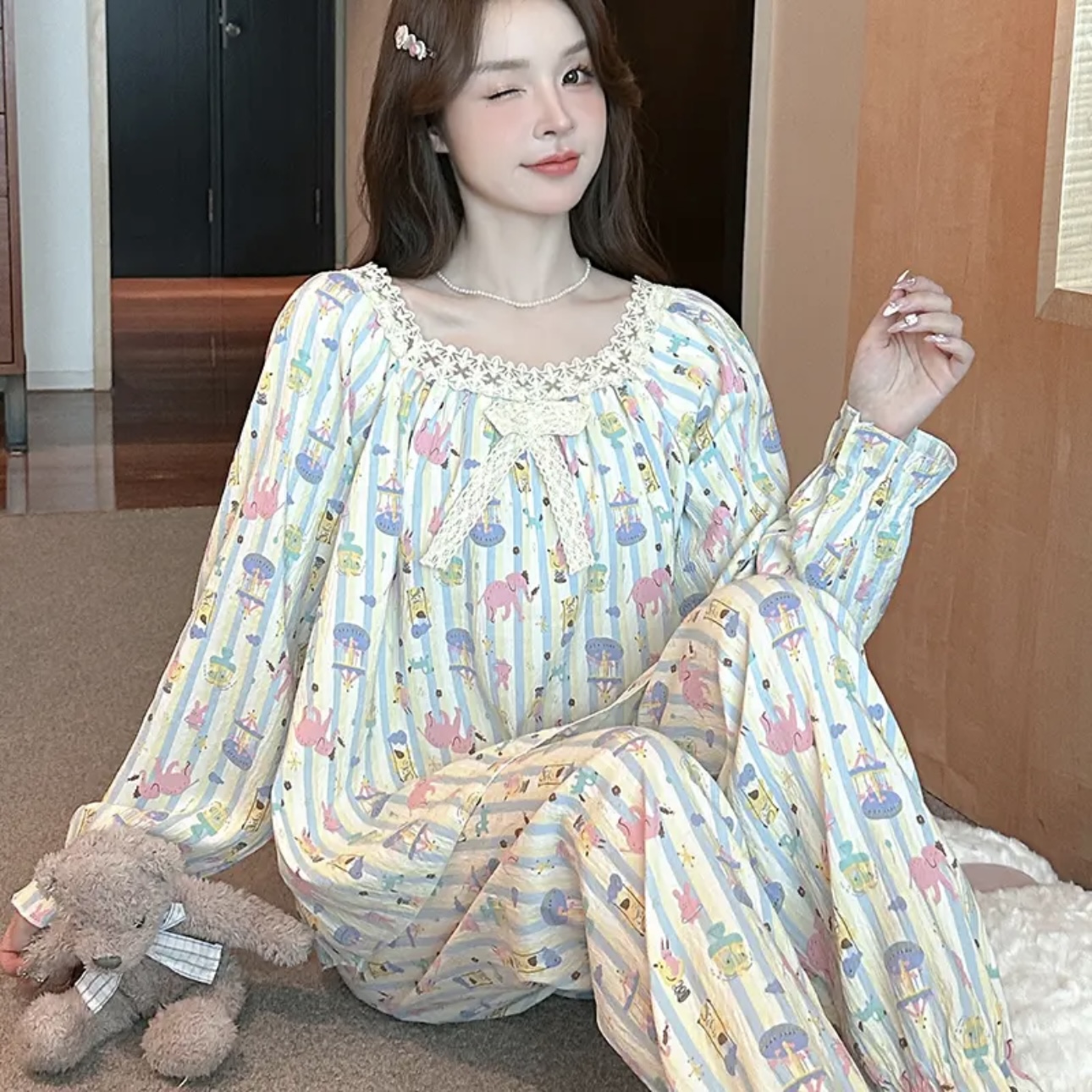 云朵绵睡衣春秋季长袖可外卡通可爱甜美长裤薄款家居服套装