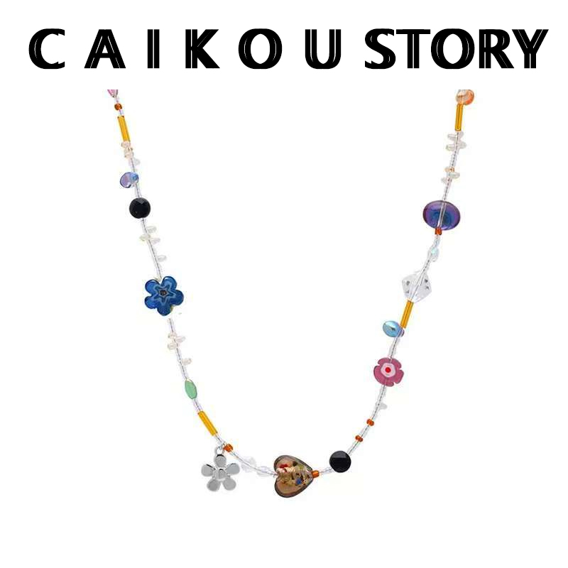 铜合金琉璃项链 多元素爱心项链轻奢小众高级感彩色串珠琉璃项链