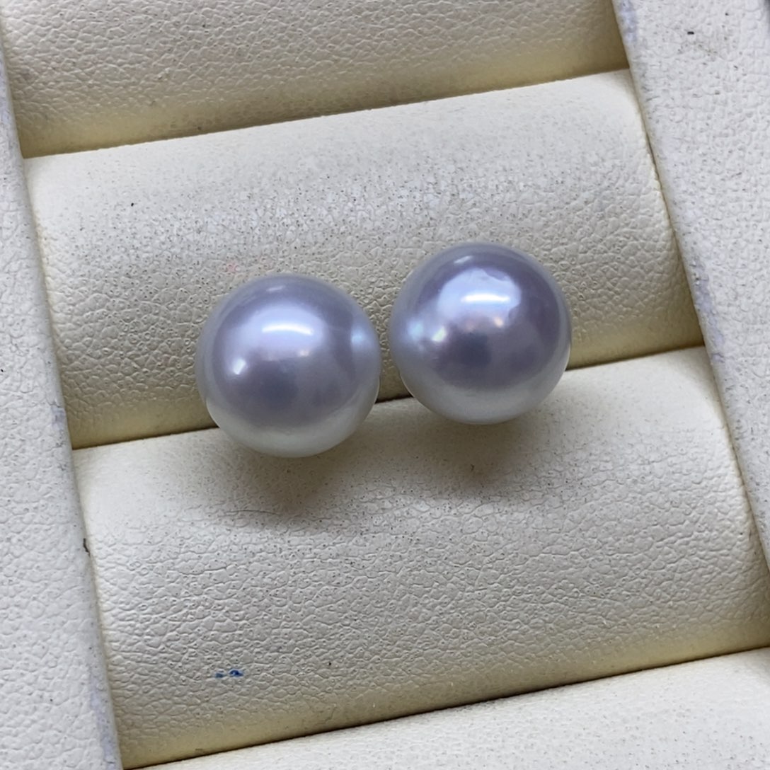 银S925镶嵌耳饰海水珍珠澳白素钉11-12m m