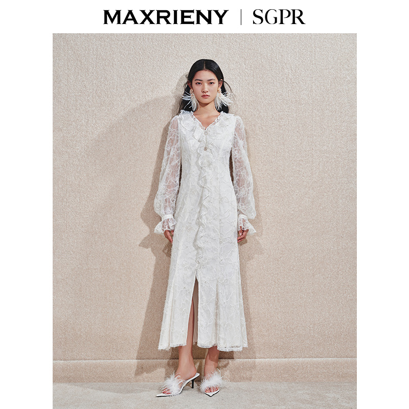 MAXRIENY精致浪漫复古宫廷风蕾丝长裙2025春季新款花边收腰连衣裙