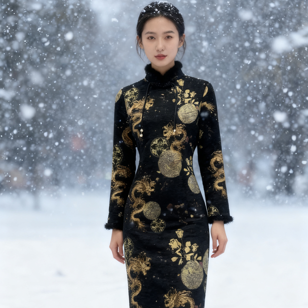 【2844 龙马精神 加绒加厚 口袋旗袍】显瘦气质修身复古中国风旗袍