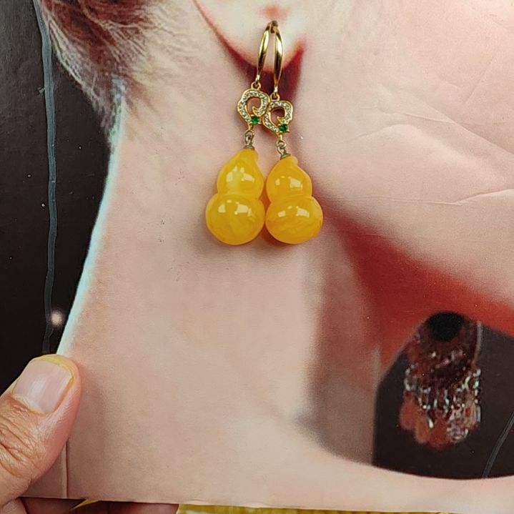 琥珀耳饰银S925镀金镶嵌