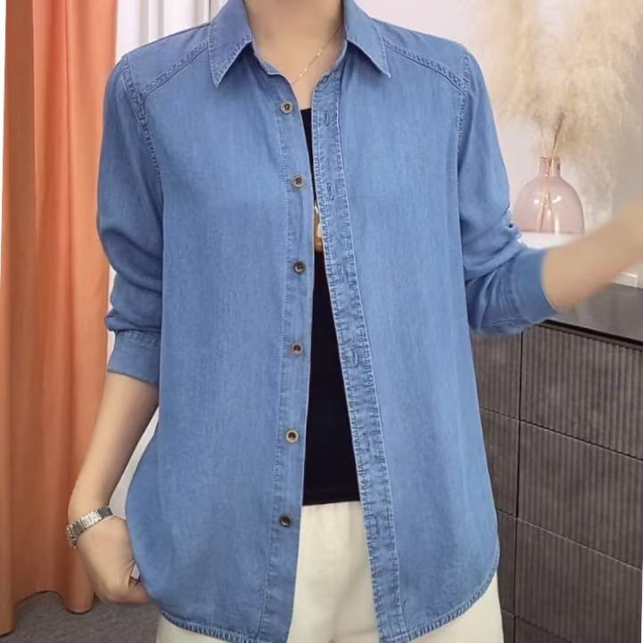 【薄款】秋季新款莱赛尔纤维天丝牛仔衬衫上衣纯色开衫长袖女士8586