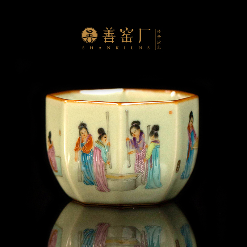 善窑厂汝窑粉青重工捣练图八方杯 景德镇汝瓷高端茶具 收藏送礼