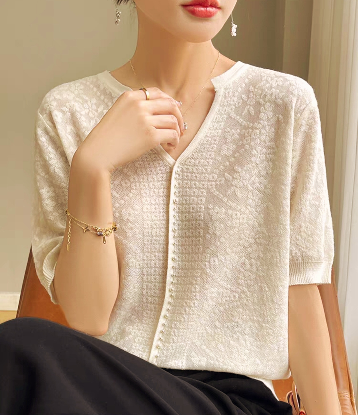 【欧琲】P956#纯色V领套头短袖上衣