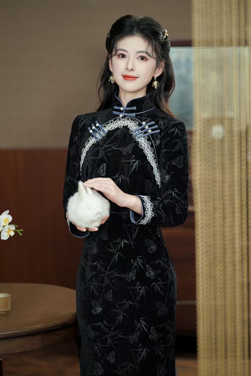 常规款2025日常直襟旗袍复古秋冬气质金丝春季ins黑色