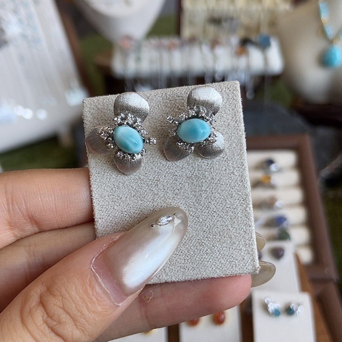 金***金水晶戒指银S925镶嵌海纹石耳钉