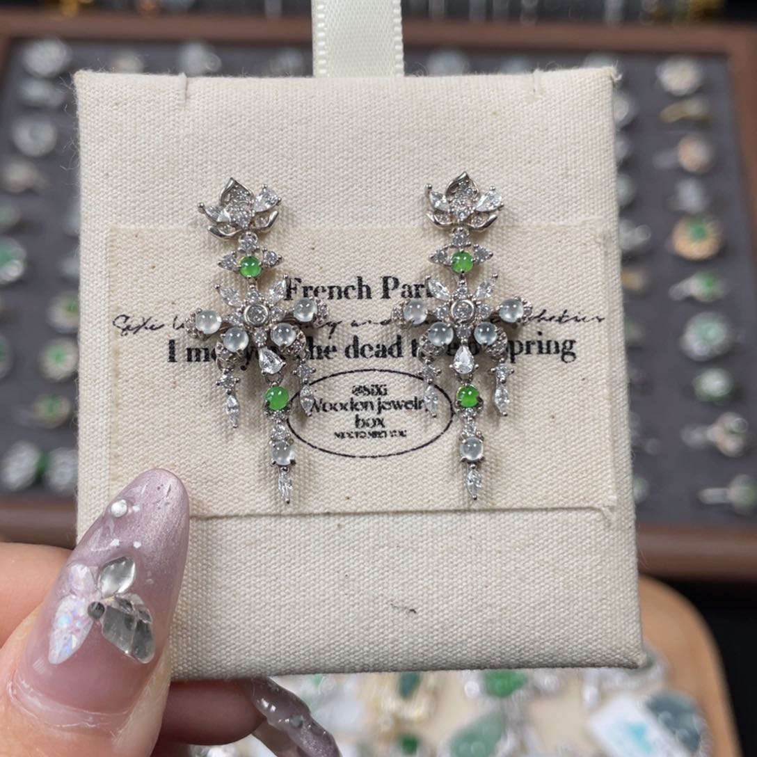 翡翠耳饰银S925镶嵌浩*58888