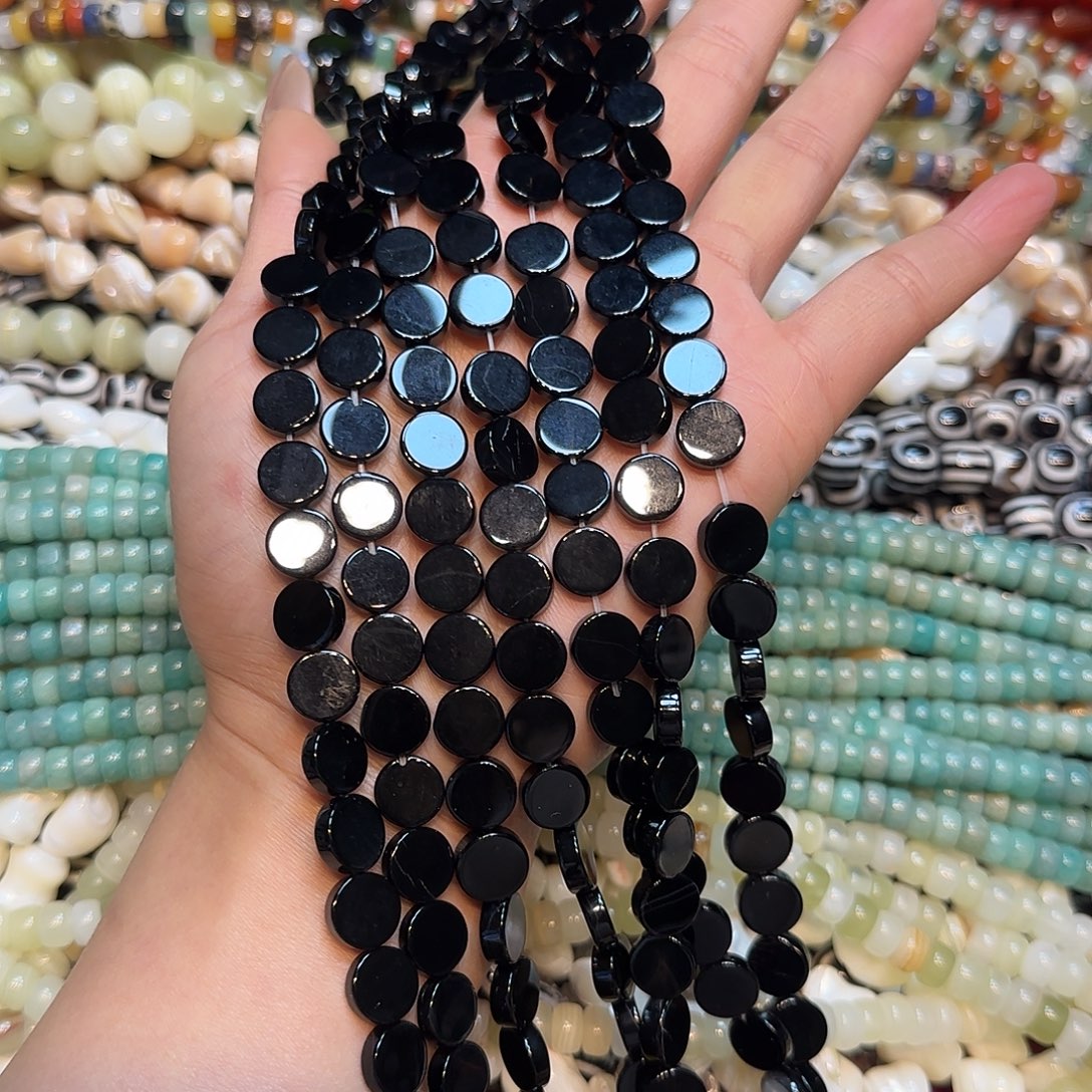 玛瑙/玉髓未镶嵌珠宝半成品黑玛瑙圆饼一条10mm