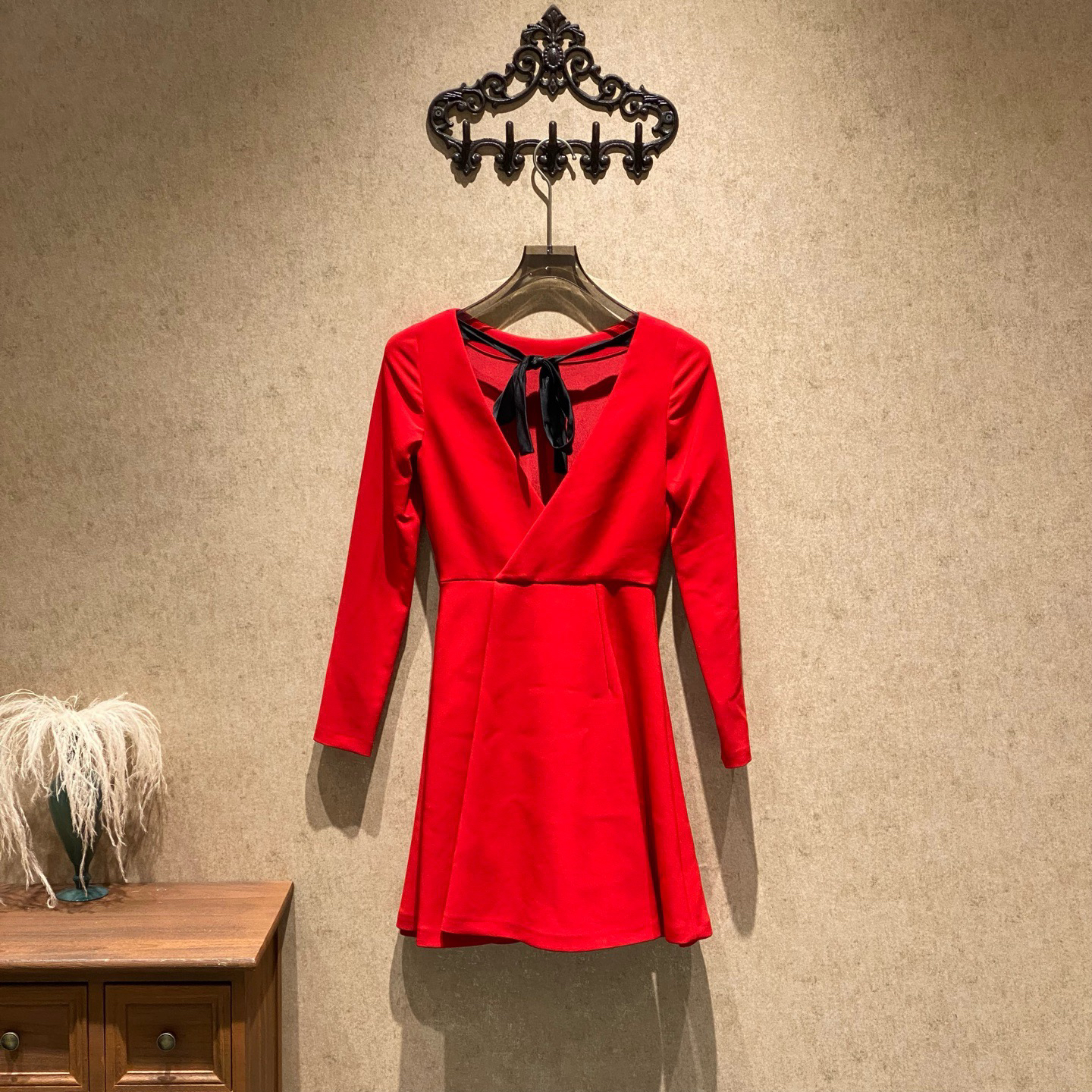 99新 MIU MIU/缪缪 红色丝带蝴蝶结长袖连衣裙/36码/99新/23223