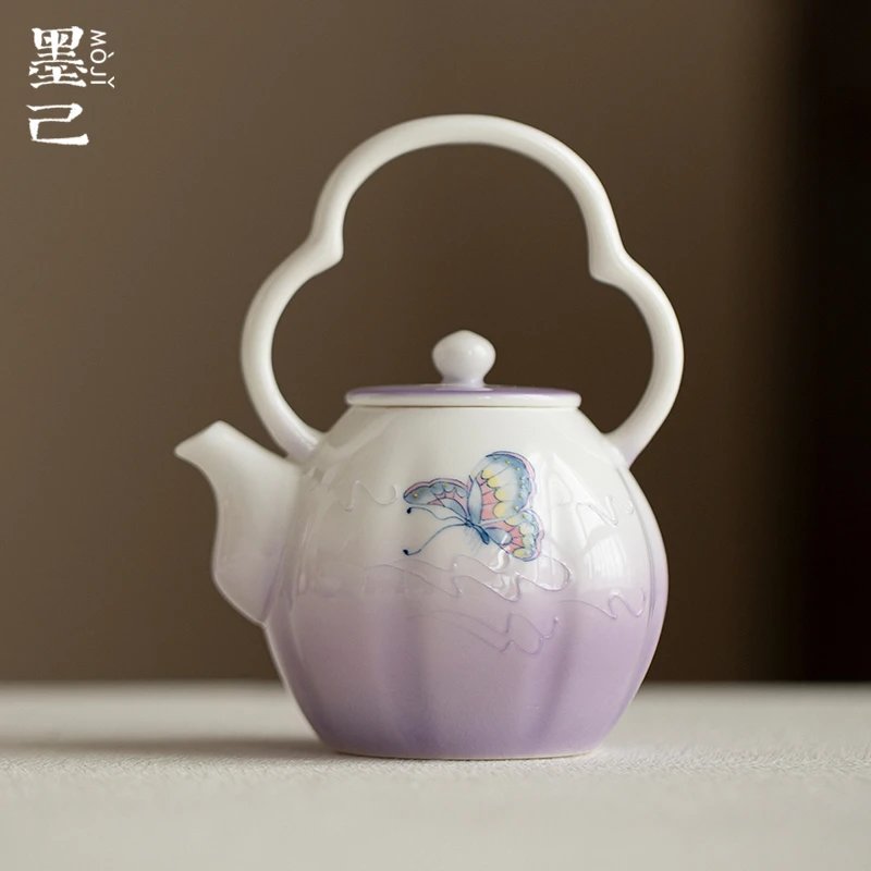 玉泥手绘紫蝴蝶提梁壶陶瓷有田烧泡茶壶家用龙蛋壶功夫茶球孔过滤